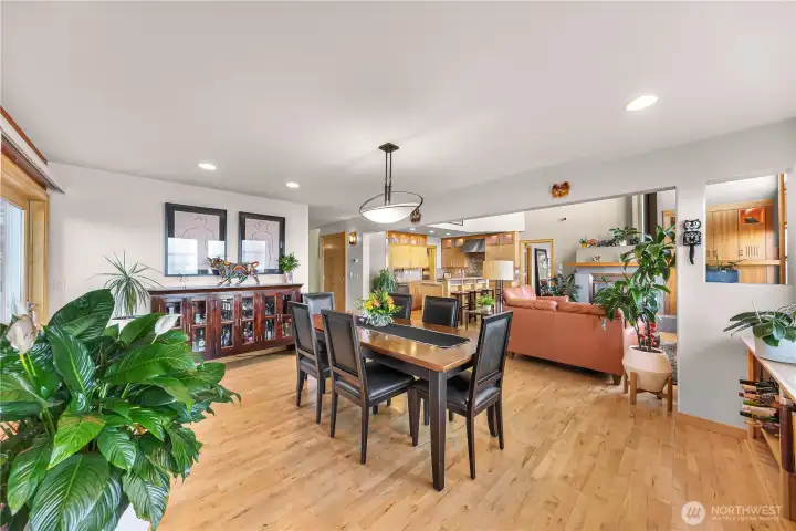 View of dining and main living area and kitchen from elevator access.