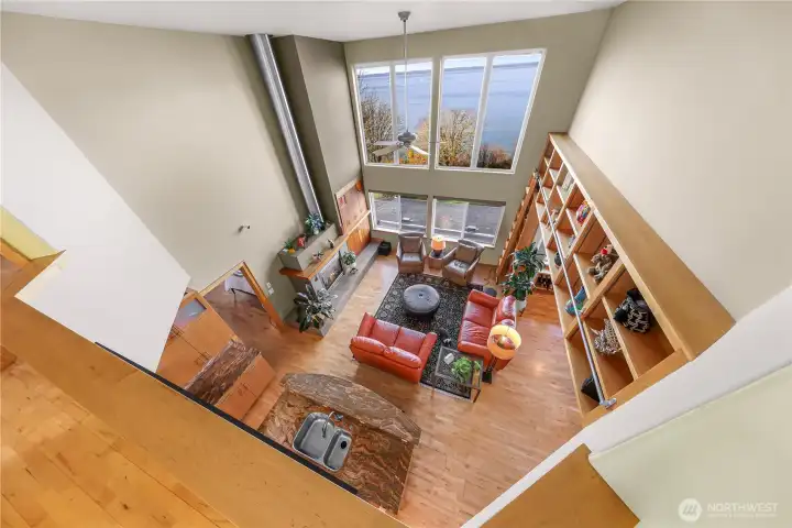 Looking down into living area from catwalk on second floor!