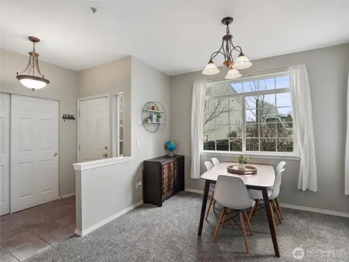 Lots of windows in this cheerful dining space!