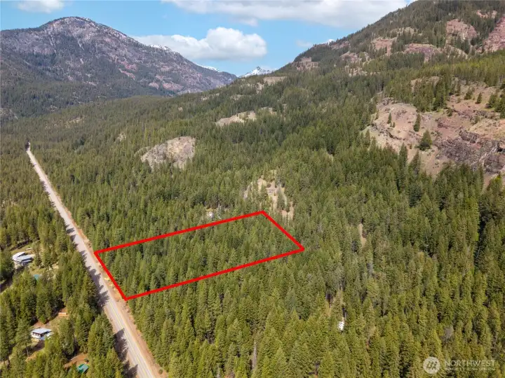Birds eye view looking west, towards Harts Pass and the Cascade Mountains.