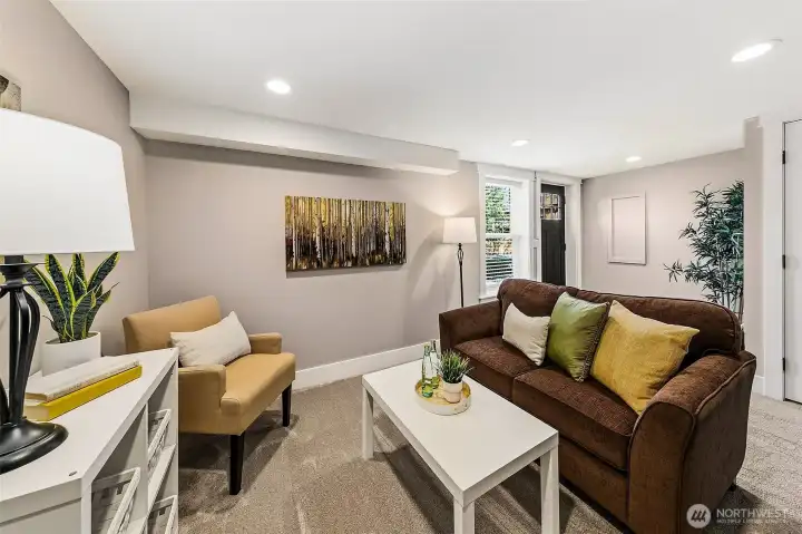 Lower level family room could also serve as office or library