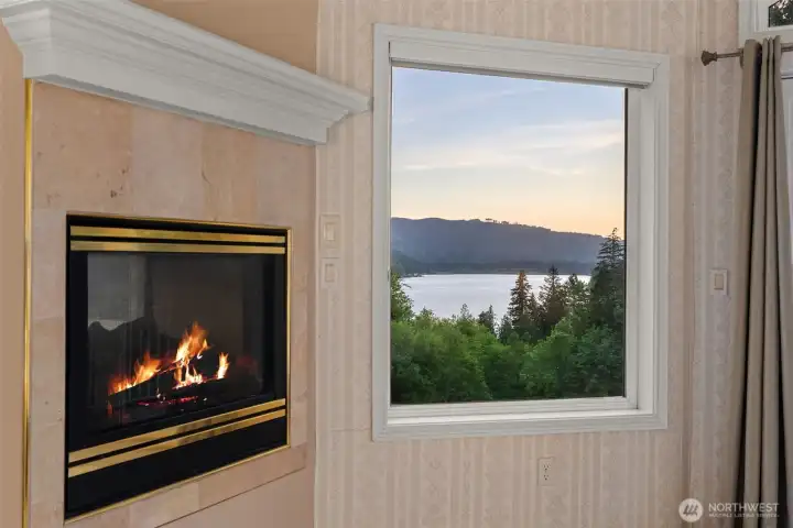 Gas Fireplace and a view.