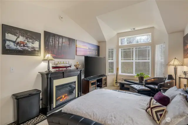 Light and cheerful primary suite. Electric fireplace goes with owner.