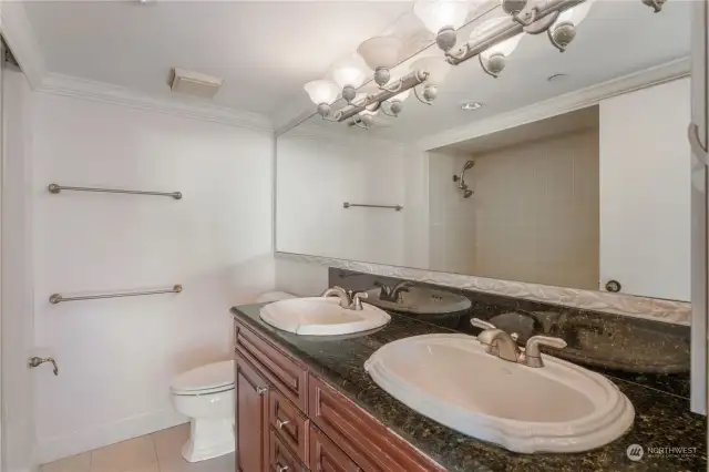 Primary bathroom with dual sinks.