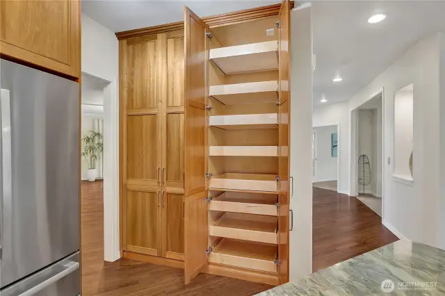 Impressive floor-to-ceiling built-in pantry featuring convenient pull-out shelves for optimal storage and organization.