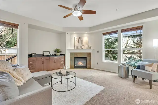 Spacious family room featuring built-in theater cabinet storage and a cozy gas fireplace, perfect for relaxing or entertaining.