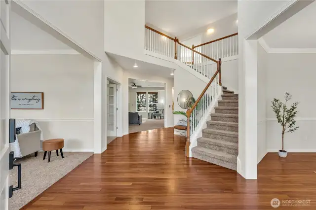 Grand entry enhanced by striking Brazilian cherry hardwoods, combining durability with timeless style.