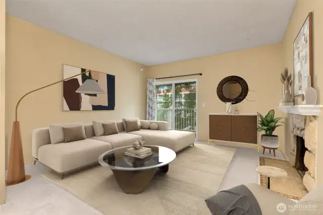Living area with brand new carpet, wood fireplace, and sliders to the deck. (virtually staged)