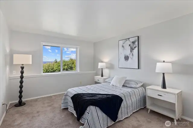 Lower level guest bedroom also captures beautiful views.