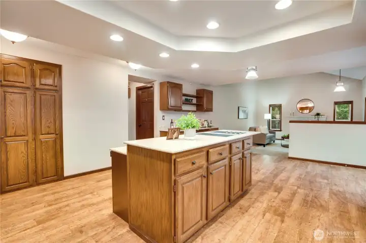 Open kitchen layout with central island, bar seating, and clear sightlines into the family room—so the cook can stay connected to homework time, game day, or guests while prepping meals.