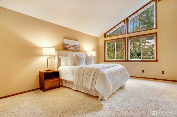 Calming primary bedroom with vaulted ceiling, dramatic angled windows, and tree-filled views—plenty of space for a king bed and a true retreat feel.