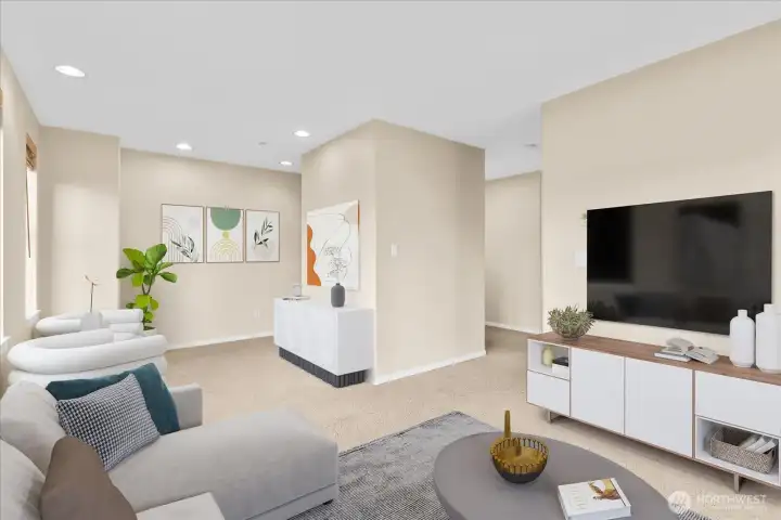 Virtually staged living room/ flex space.