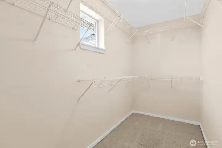 Primary walk-in closet with carpeted flooring, wire shelving, and a small window.