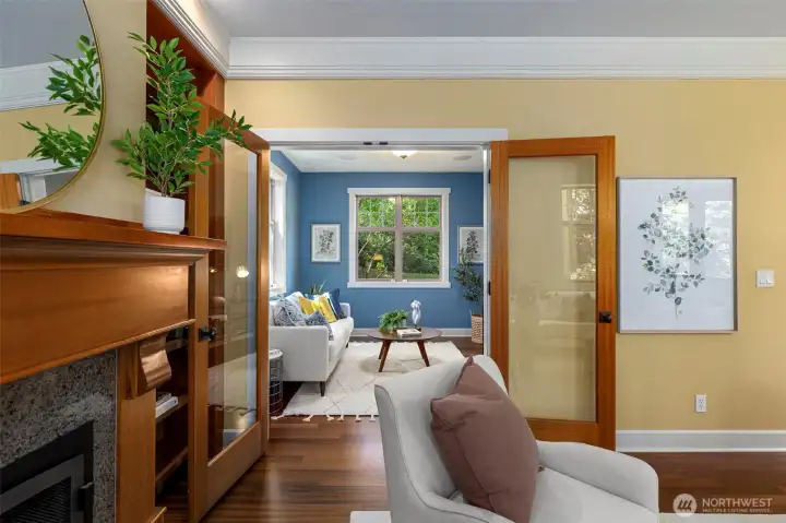 French doors lead to media room or home office.