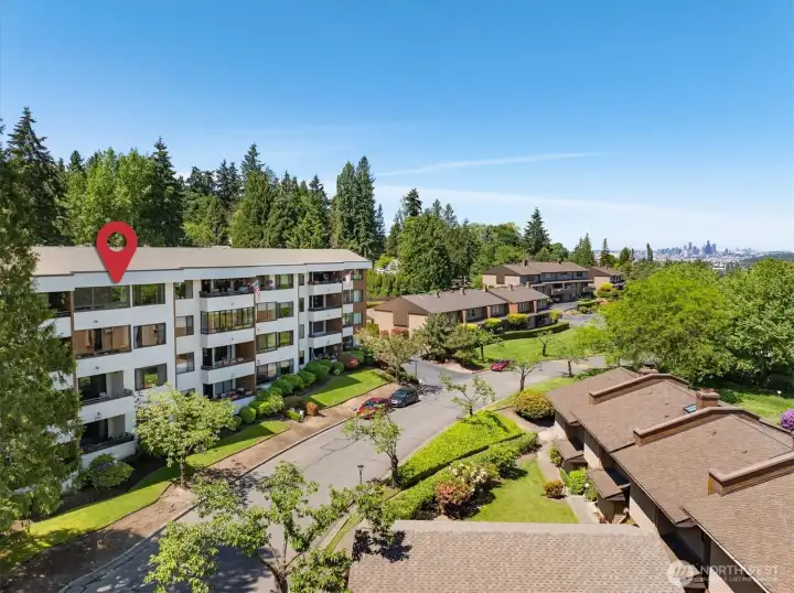 Aerial drone view with red arrow indicating the condo.