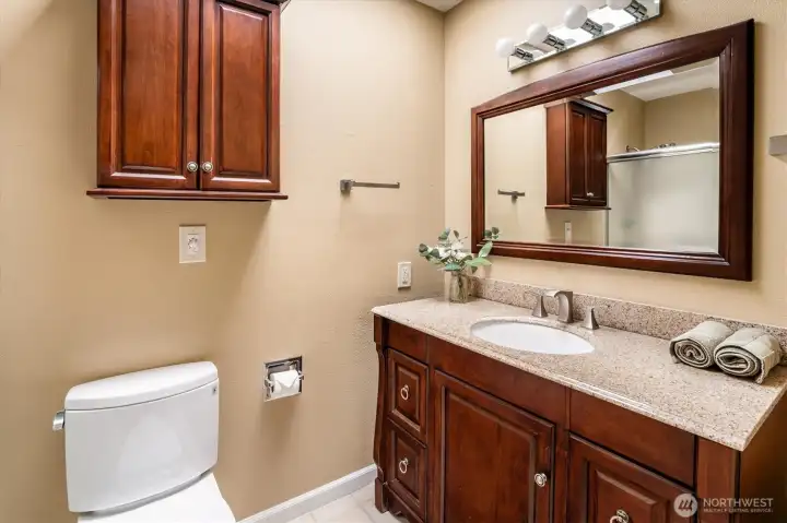Three-quarter bath attached to the primary bedroom.