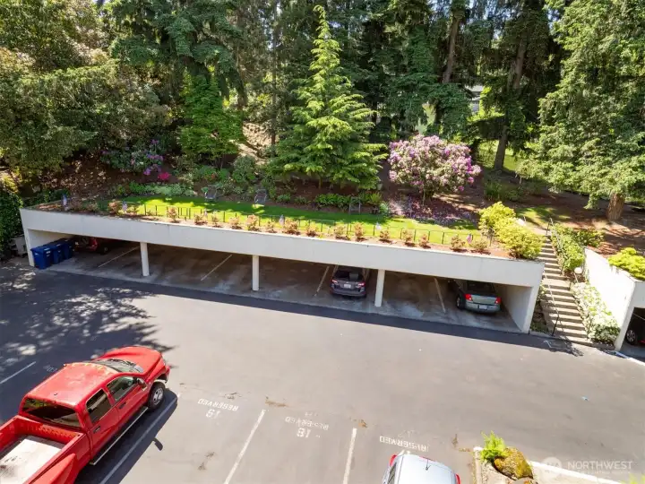 Two dedicated parking spaces, one covered and one uncovered, come with this unit.
