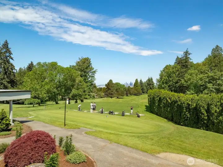 View of the outdoor driving range and putting green.