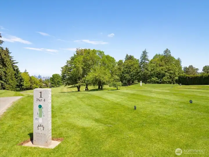 View from 1st tee with downtown Seattle in the background.