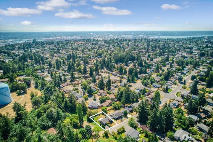 Aerial view showcasing the tree-lined neighborhood and Tacoma, only a short distance away.