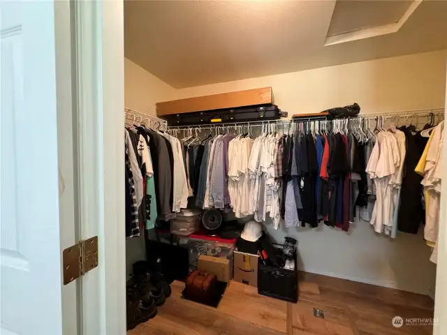 Roomy walk-in closet. Attic access and crawl space access.