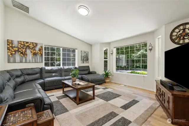 Vaulted ceiling and sunny windows and skylights in the living room.