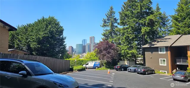 A clear view of Downtown Bellevue from the freshly resurfaced parking lot, just moments away.