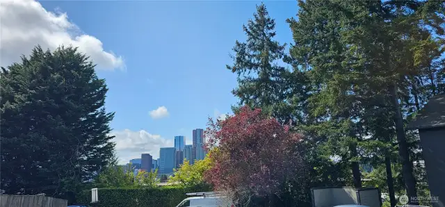 A clear view of Downtown Bellevue from the parking lot, just moments away.