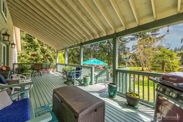 2 tiered deck, top deck completely covered and wrapped around the side of the house.