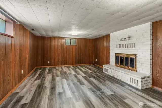 Basement bedroom (or another living room) with wood burning fireplace