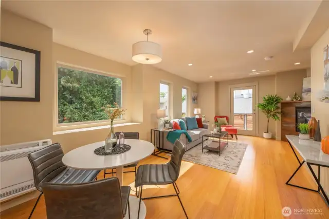 Open floor plan allows for a dining table and couch.
