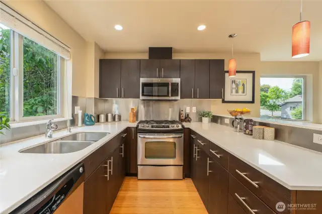 Plenty of counter space and cabinet storage for all the kitchen gadgets. Stainless steel appliances and backsplash.