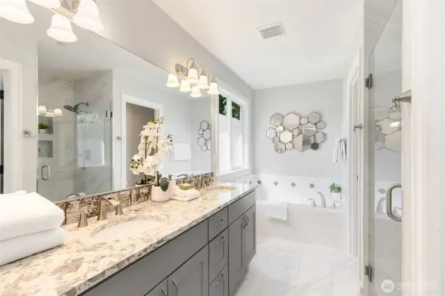 Double sinks, soaker tub, separate shower