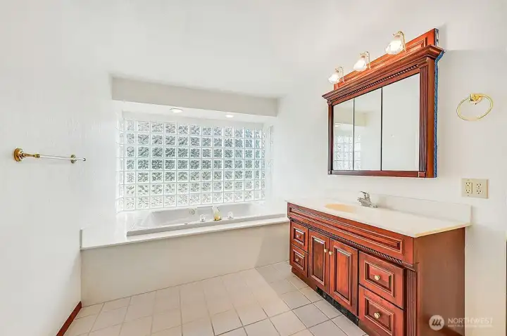PRIMARY BATH VANITY, TUB, & G/ORGEOUS GLASS BLOCK WALL/WINDOW (Lots of natural light).