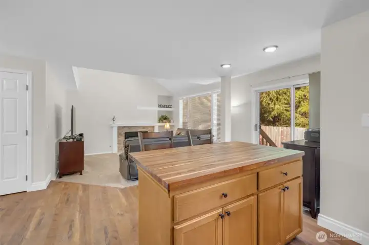 Open kitchen. Center island with breakfast bar.