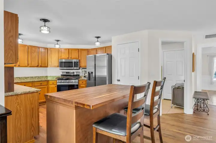 Open kitchen. Center island with breakfast bar.