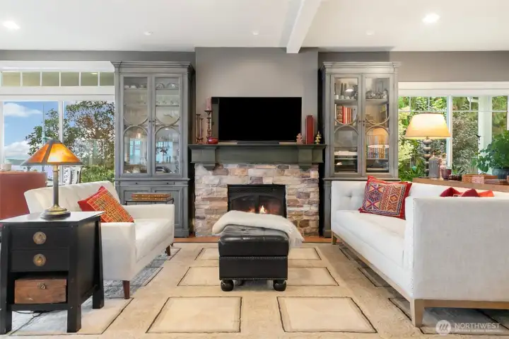 Stone propane fireplace.