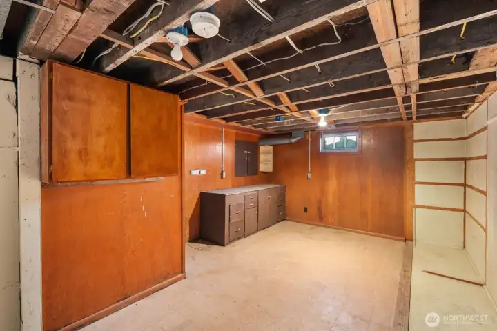 Unfinished basement space with wood-paneled walls, built-in cabinetry, and open ceiling framing ideal for storage or project use.
