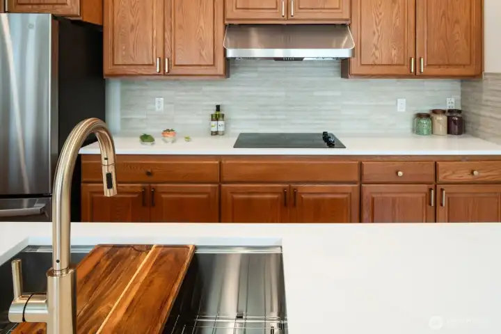 New work station, trough sink makes food preparation a breeze.