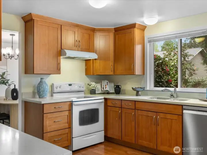 Generous cabinetry and work space.