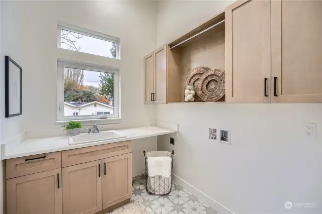 Laundry room with sink and lower cabinets.