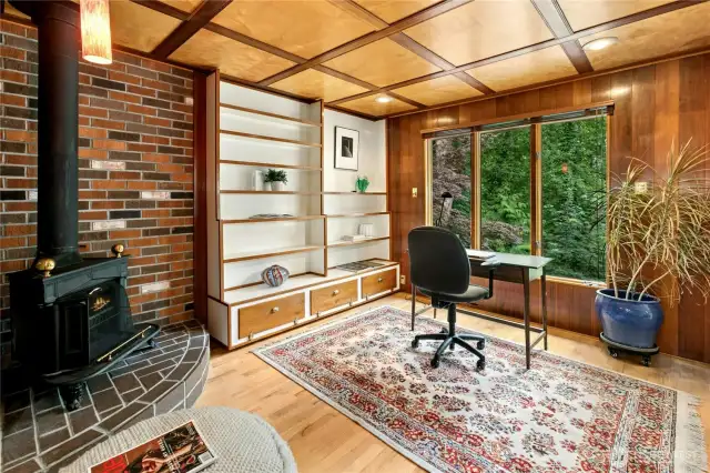 Wood stove and serene outlook.