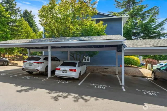 Enjoy 2 parking spots in front of your home.  1 covered and 1 uncovered spots to park along with 3 additional visitor spots in front of your building as well
