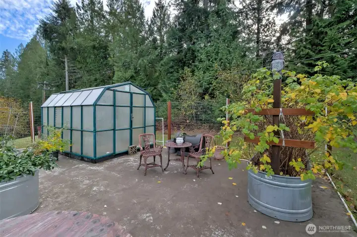 This garden area is really fantastic.  The floor is concrete and the raised beds are out-of-this-world. And fully fenced to keep the deer out. It also has it's own sprinkler system, and that cool greenhouse!
