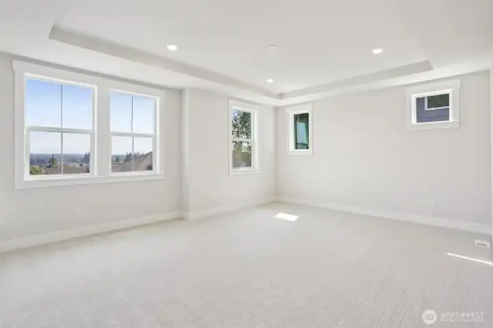 Desirable primary bedroom highlighted by a tray ceiling and numerous windows. Photo is of similar home-details & finishes will vary-ask site agent for details