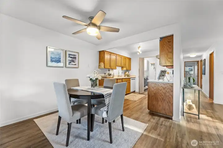 Kitchen opens to dining room