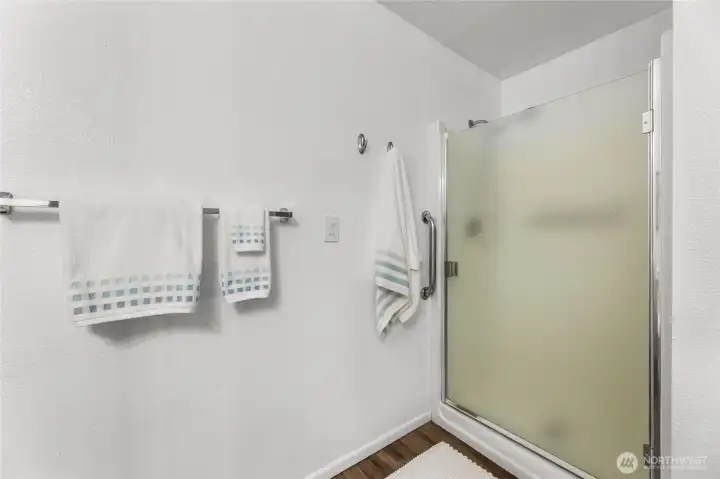 Primary bath has walk-in shower