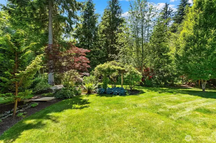 Backyard Wide Angle    Privacy You Can Feel    With mature trees, lush landscaping, and open green space, this backyard is a rare retreat you'll enjoy year round.