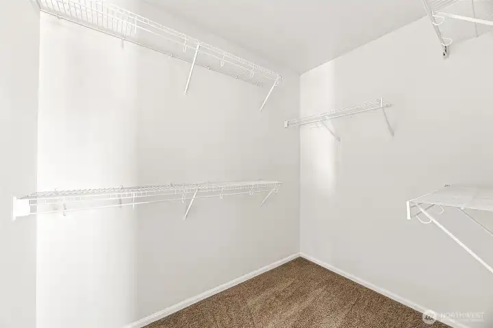 Primary walk-in closet located in the en-suite bathroom.