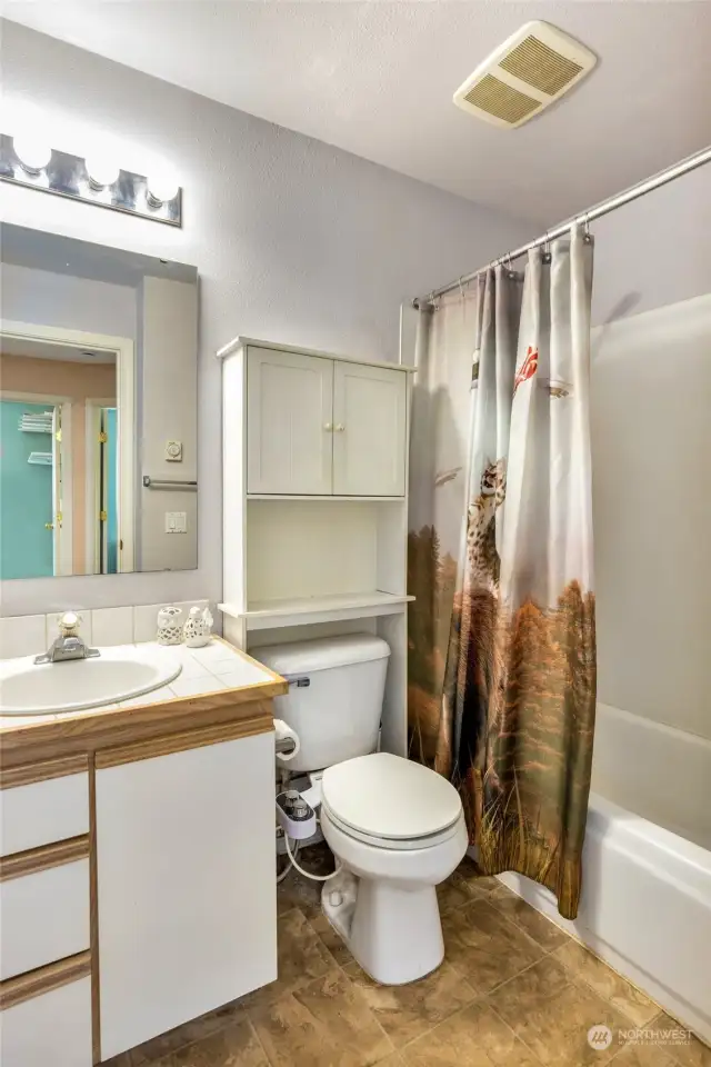 Main hallway bathroom has tub/shower combo.